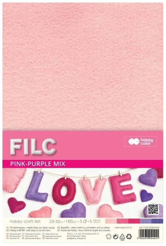 Filc dekoracyjny 20x30 cm 180 g/m2 - pink-purple, 5 ark.  5902979044441