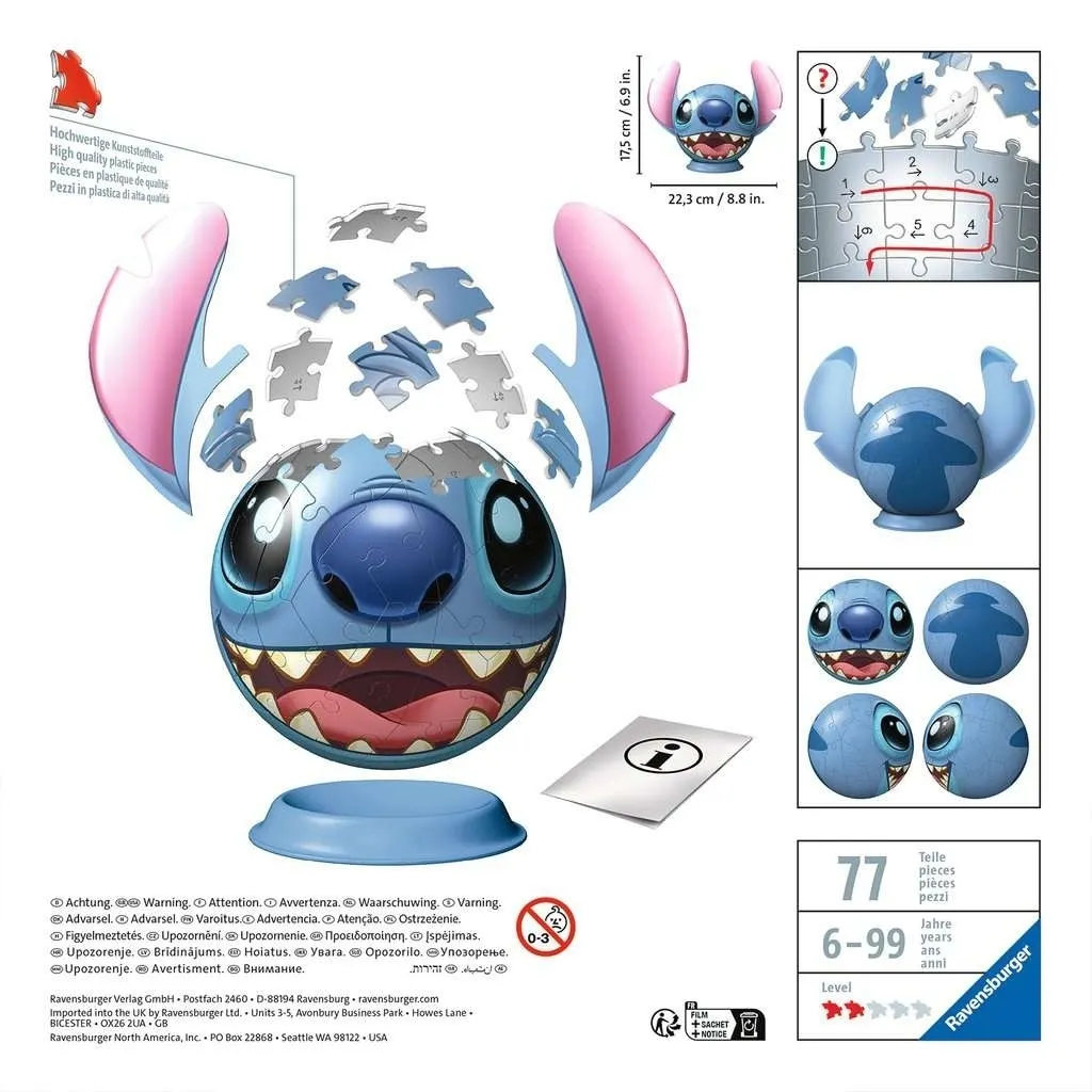 Ravensburger, Puzzle 3D Kula 72: Disney Stitch (11574) 4005556115747