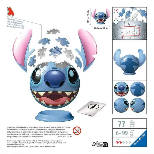 Ravensburger, Puzzle 3D Kula 72: Disney Stitch (11574) 4005556115747
