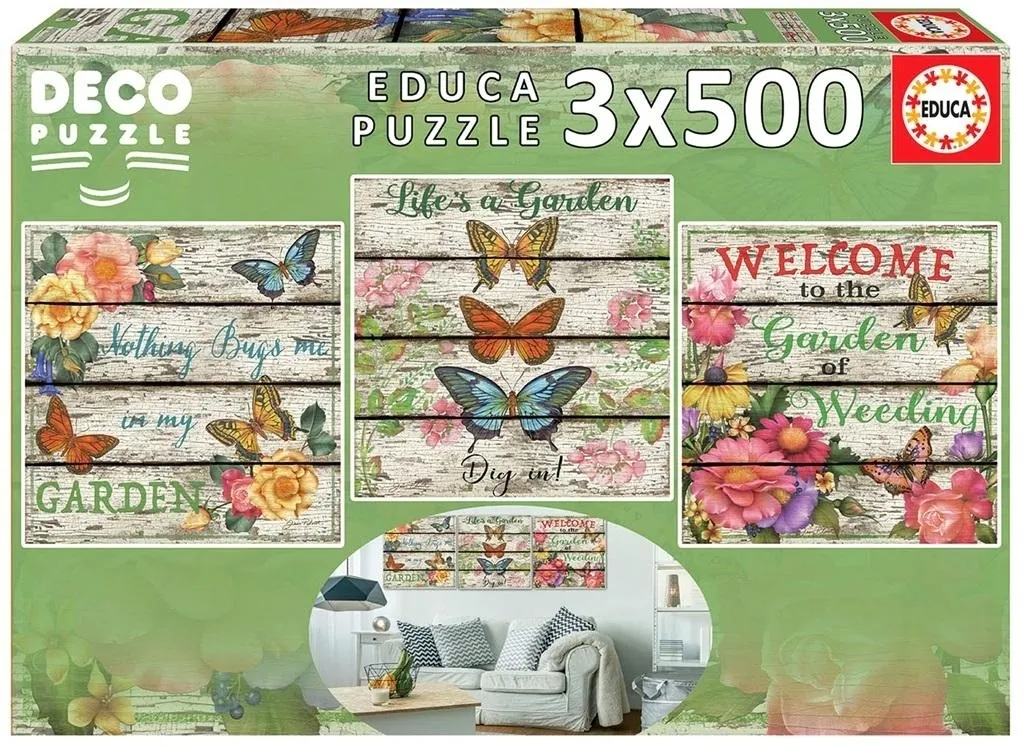 Puzzle 3x500: Kwiaty i motyle  8412668179653