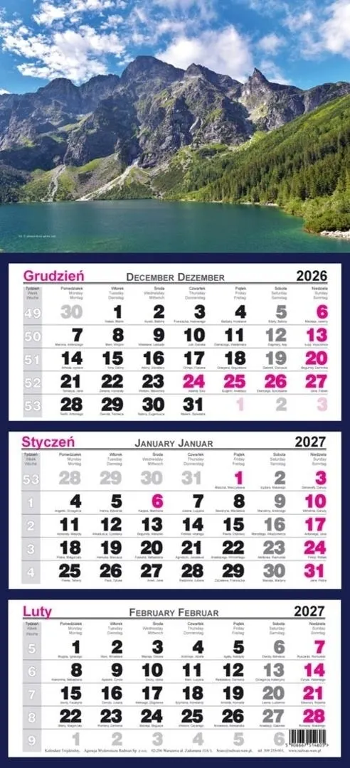 Kalendarz 2027 trójdzielny Morskie Oko  5906667514629